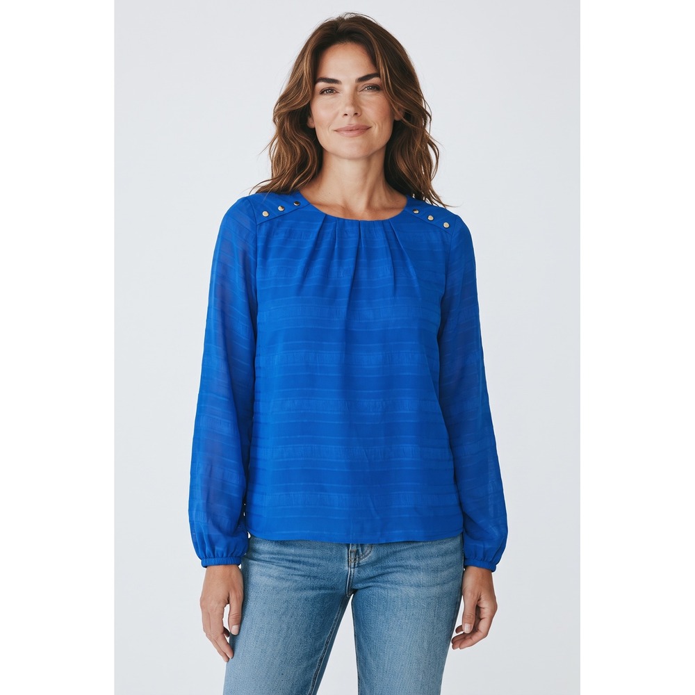 Liz Claiborne Royal Blue Long Sleeve Blouse Gold Button Shoulder Size M
